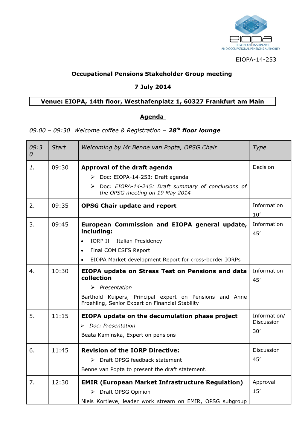 Occupational Pensions Stakeholder Group Meeting