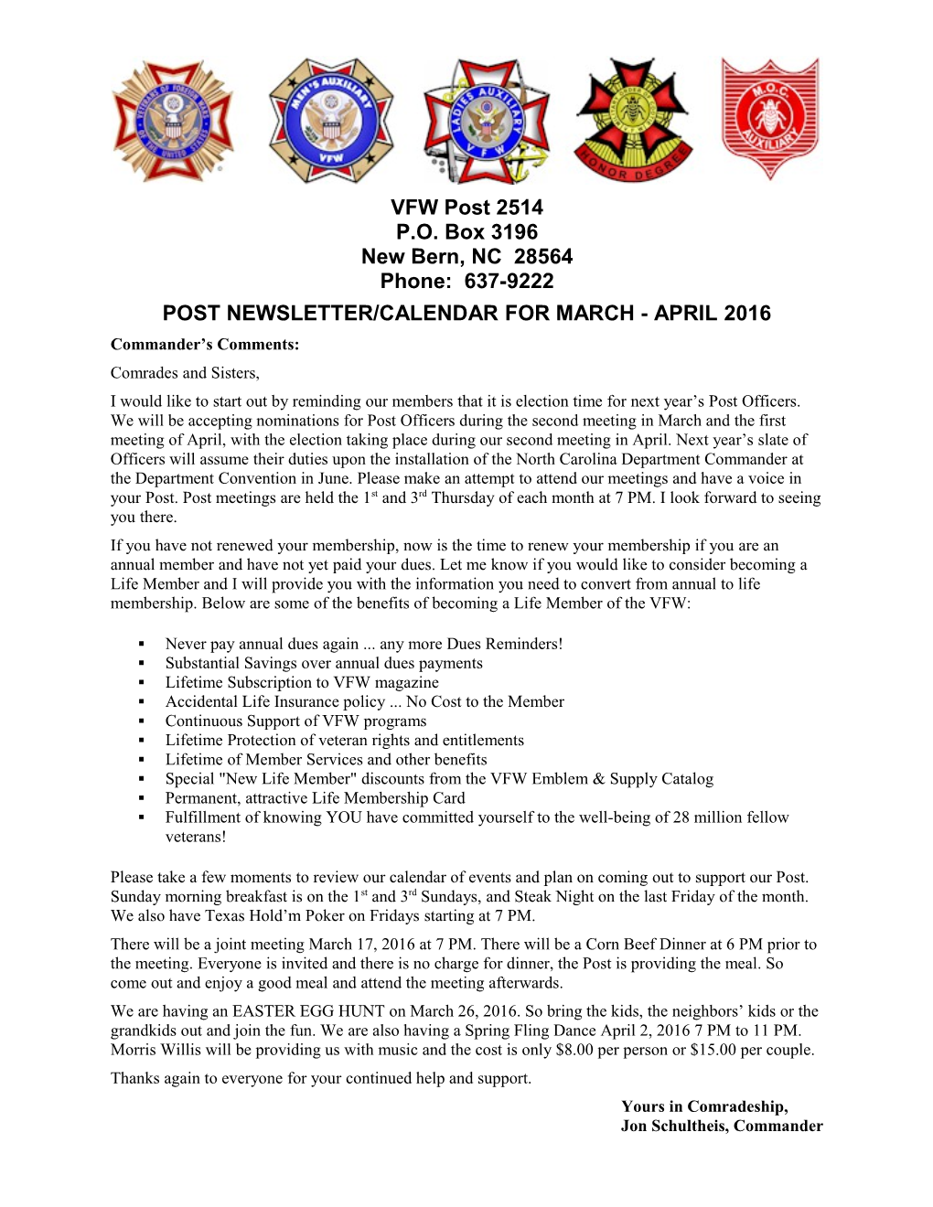 Post Newsletter/Calendar for March - April 2016