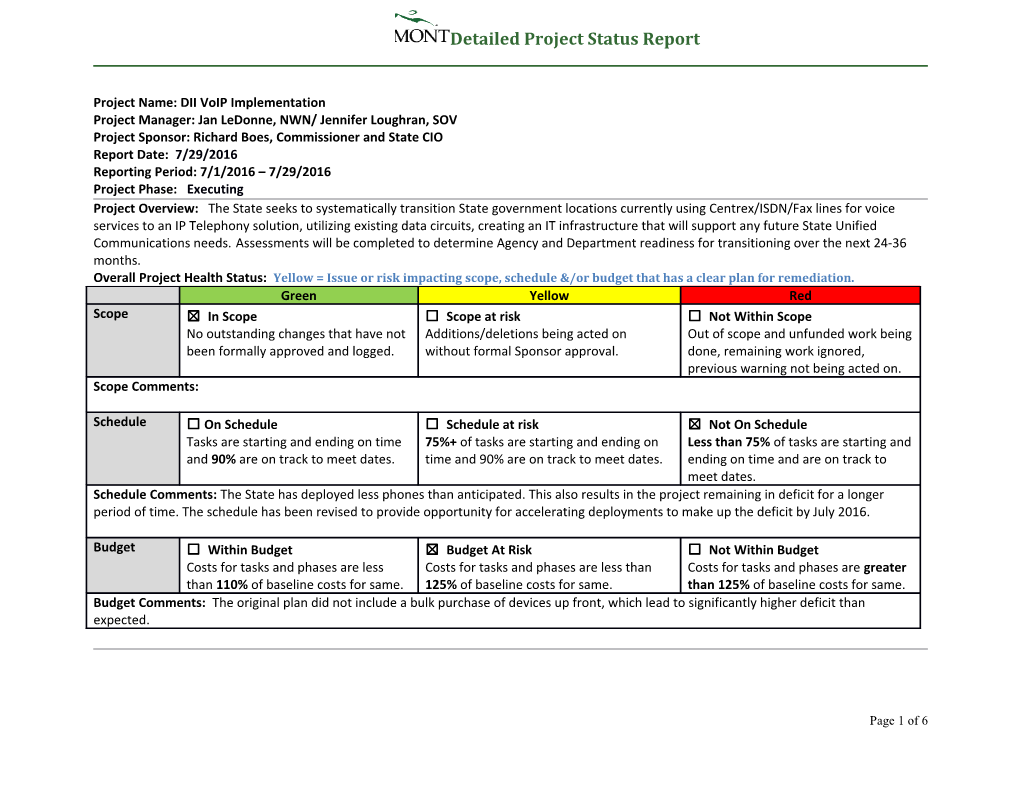 July 2016 Voip Project Status Report
