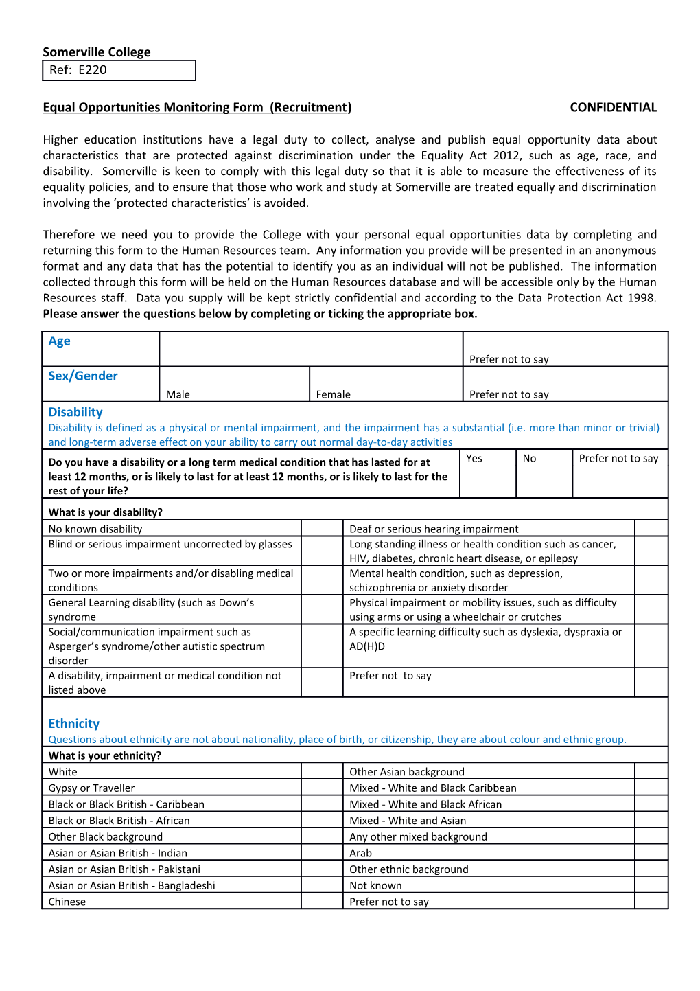 Equal Opportunities Monitoring Form (Recruitment)CONFIDENTIAL