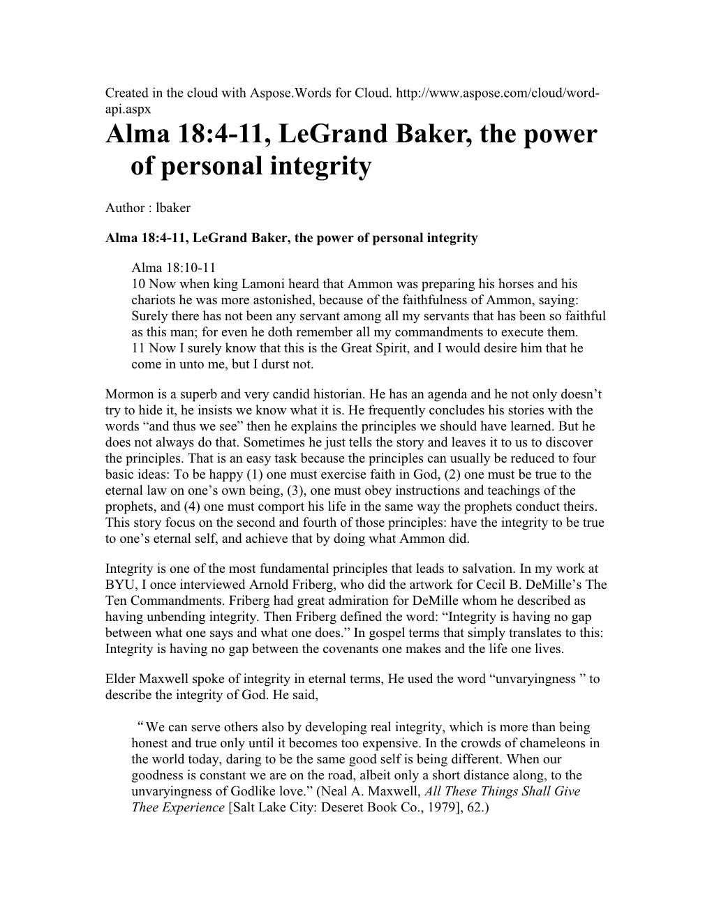 Alma 18:4-11, Legrand Baker, the Power of Personal Integrity