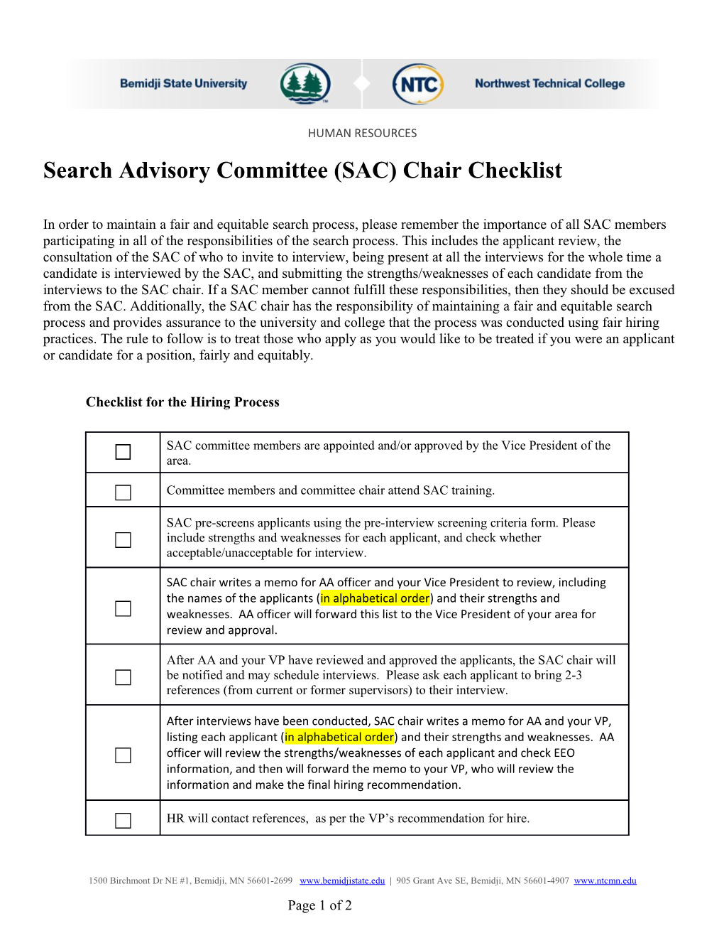 Search Advisory Committee (SAC) Chair Checklist