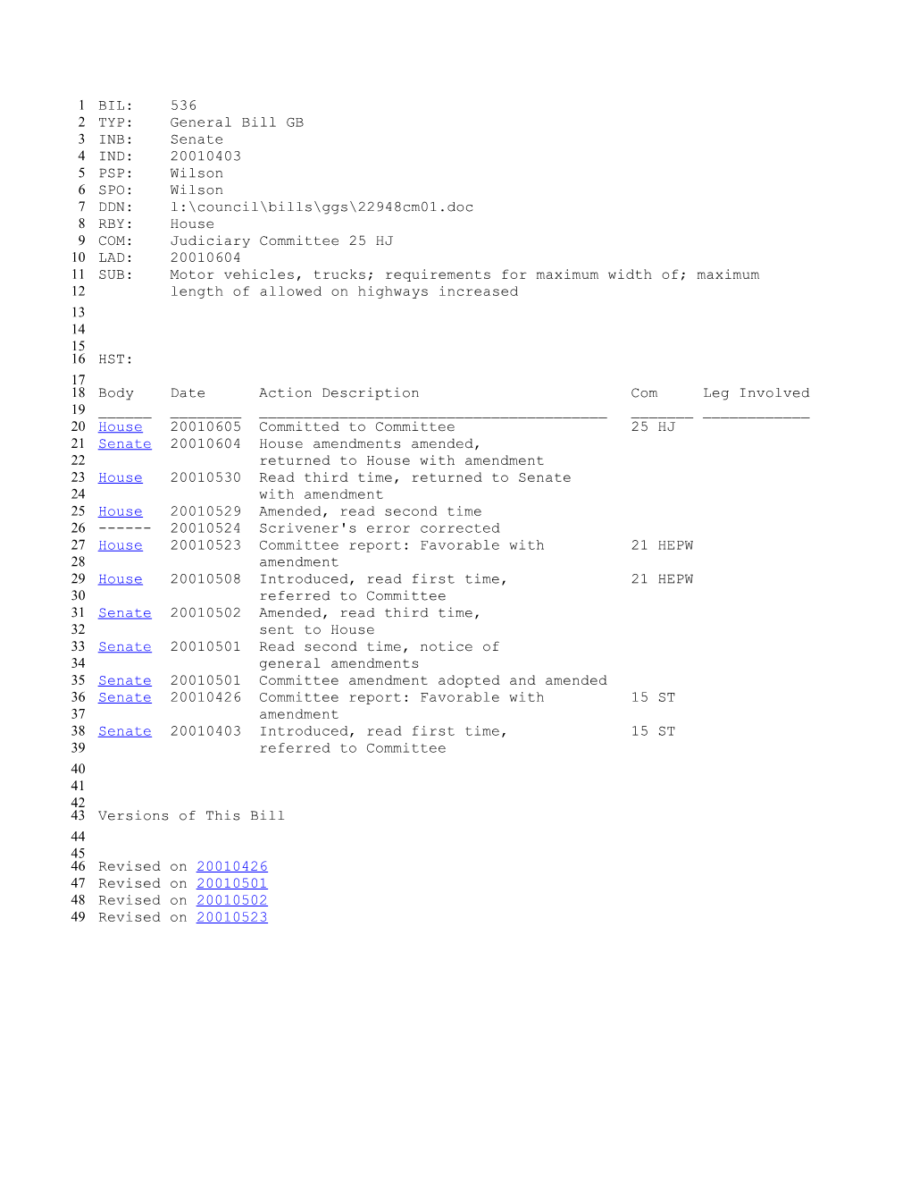 2001-2002 Bill 536: Motor Vehicles, Trucks; Requirements for Maximum Width Of; Maximum