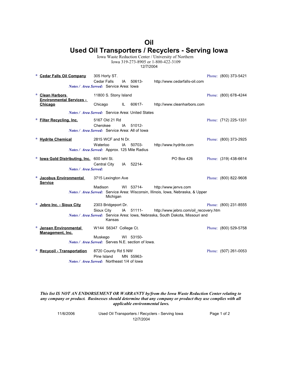 Used Oil Transporters / Recyclers - Serving Iowa