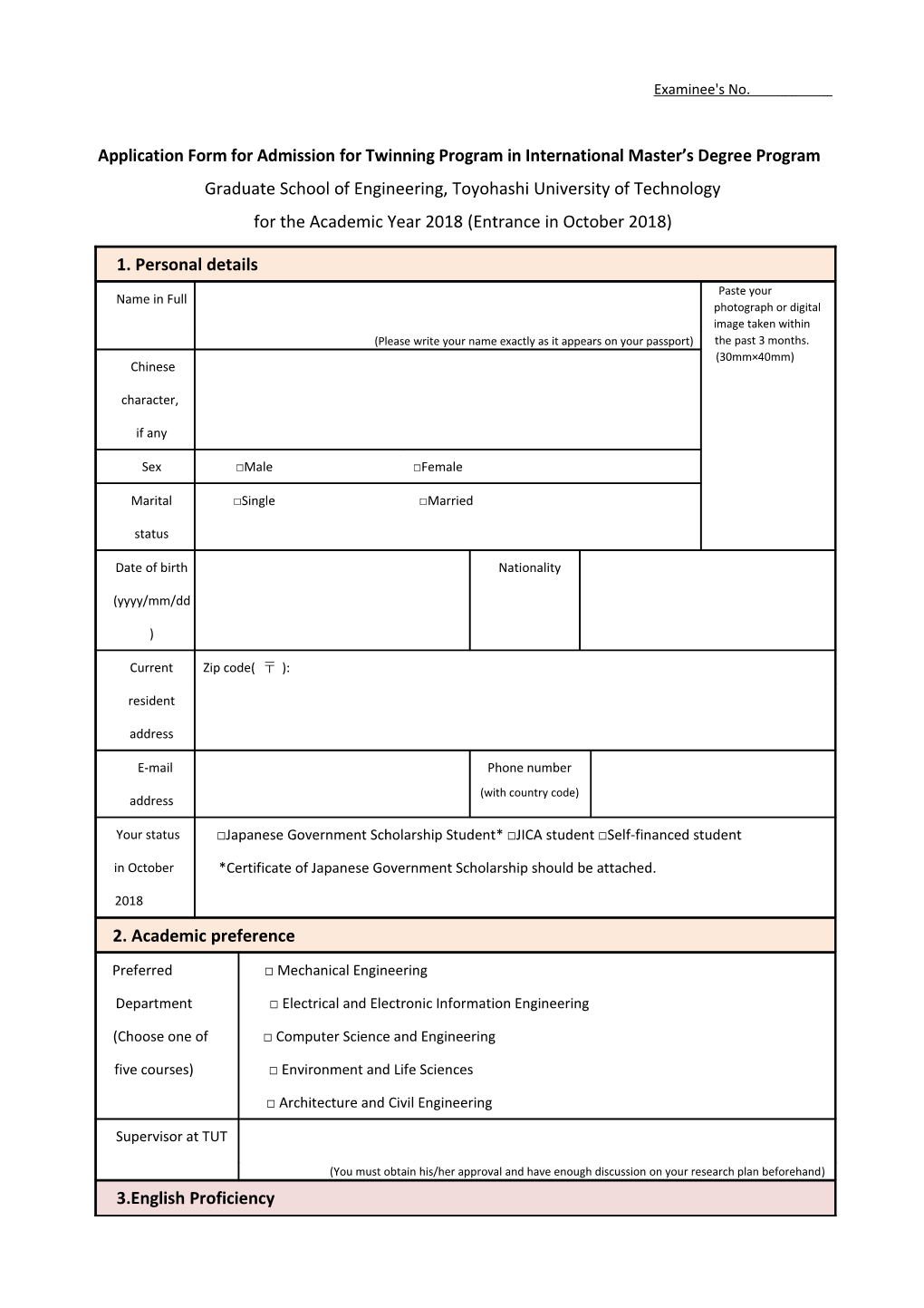 Application Form for Admission for Twinning Program in International Master S Degree Program