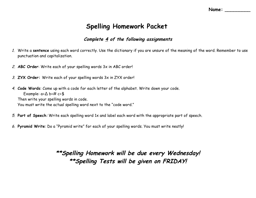 Spelling Homework Packet Grade 4