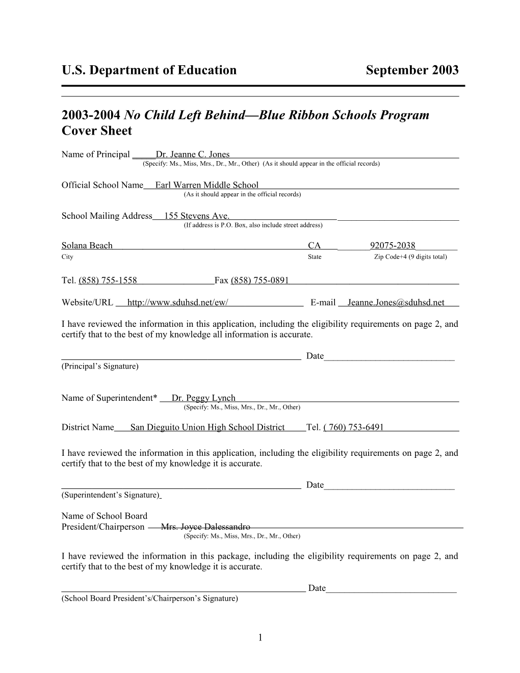 Earl Warren Middle School 2004 No Child Left Behind-Blue Ribbon School Application (Msword)