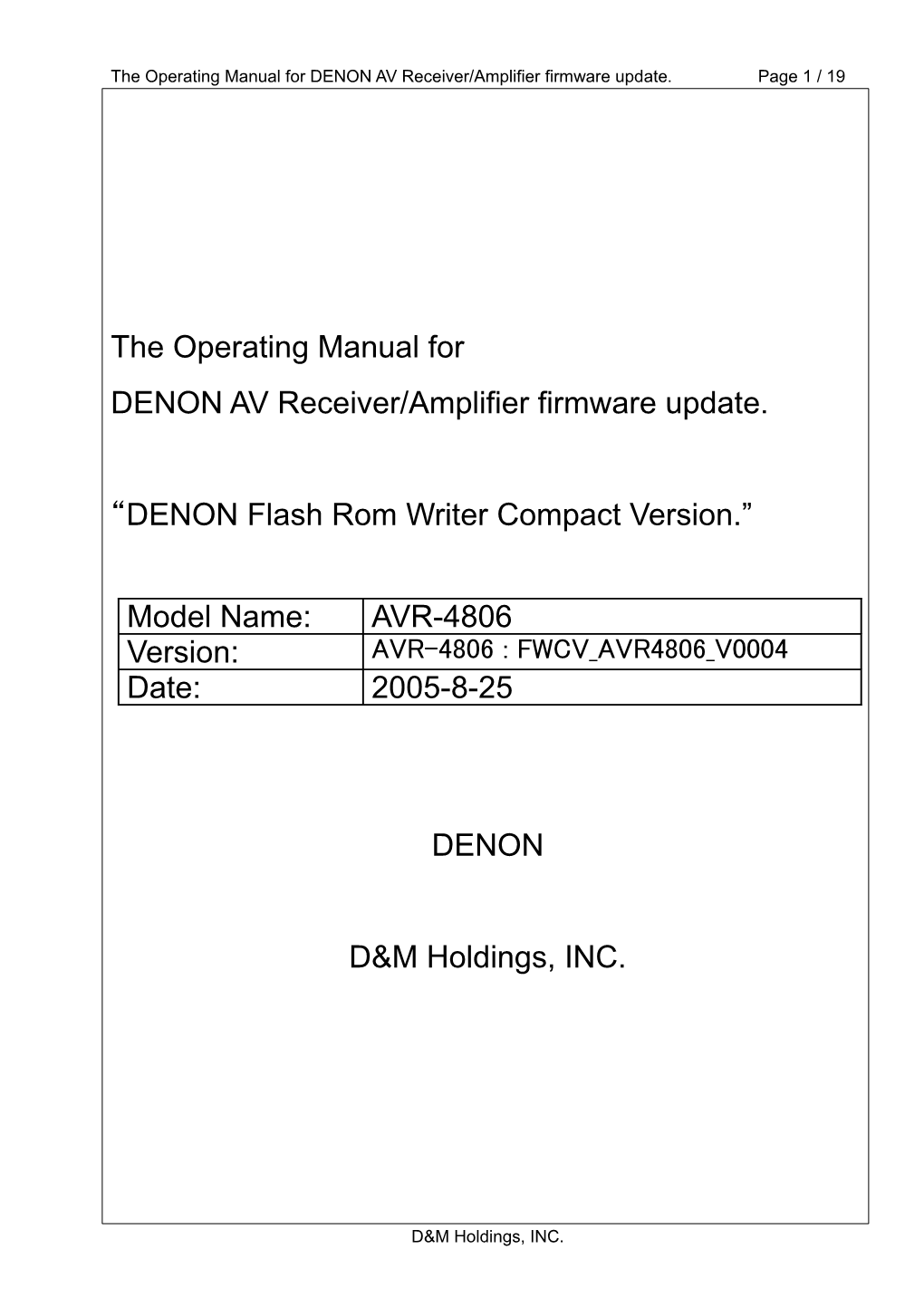 The Operating Manual for DENON AV Receiver/Amplifier Firmware Update