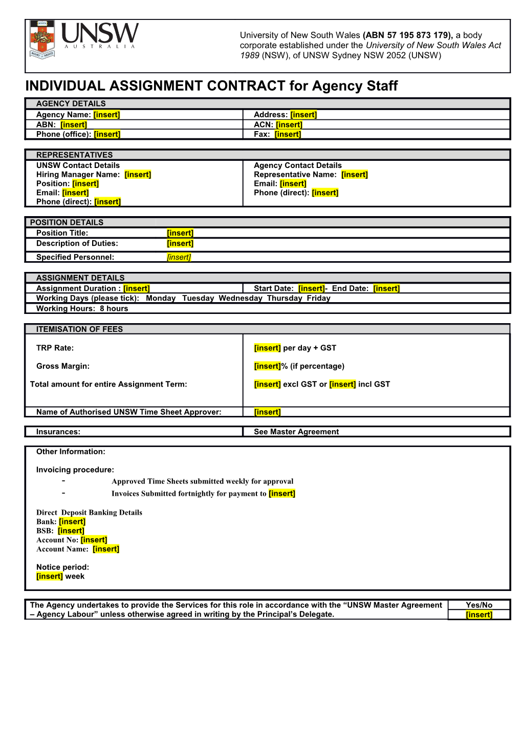 INDIVIDUAL ASSIGNMENT CONTRACT for Agency Staff