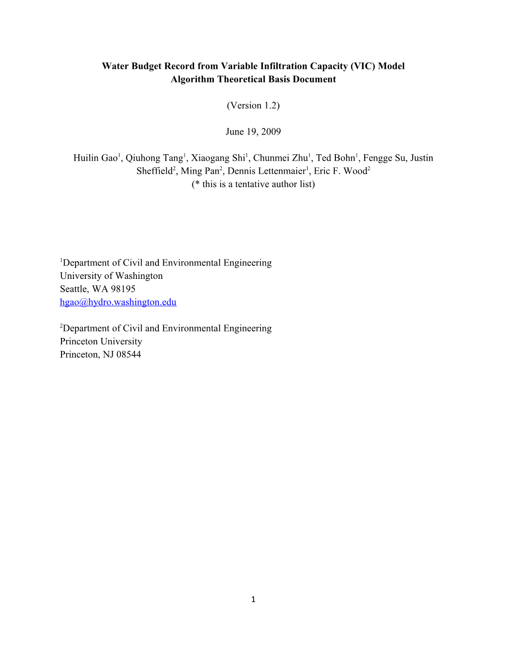 Water Budget Record from Variable Infiltration Capacity (VIC) Model