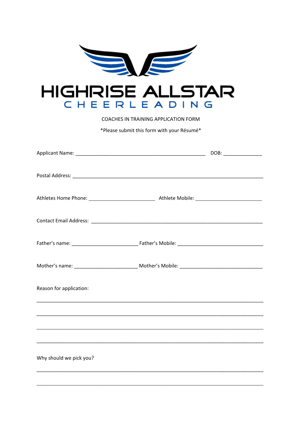 Coaches in Training Application Form