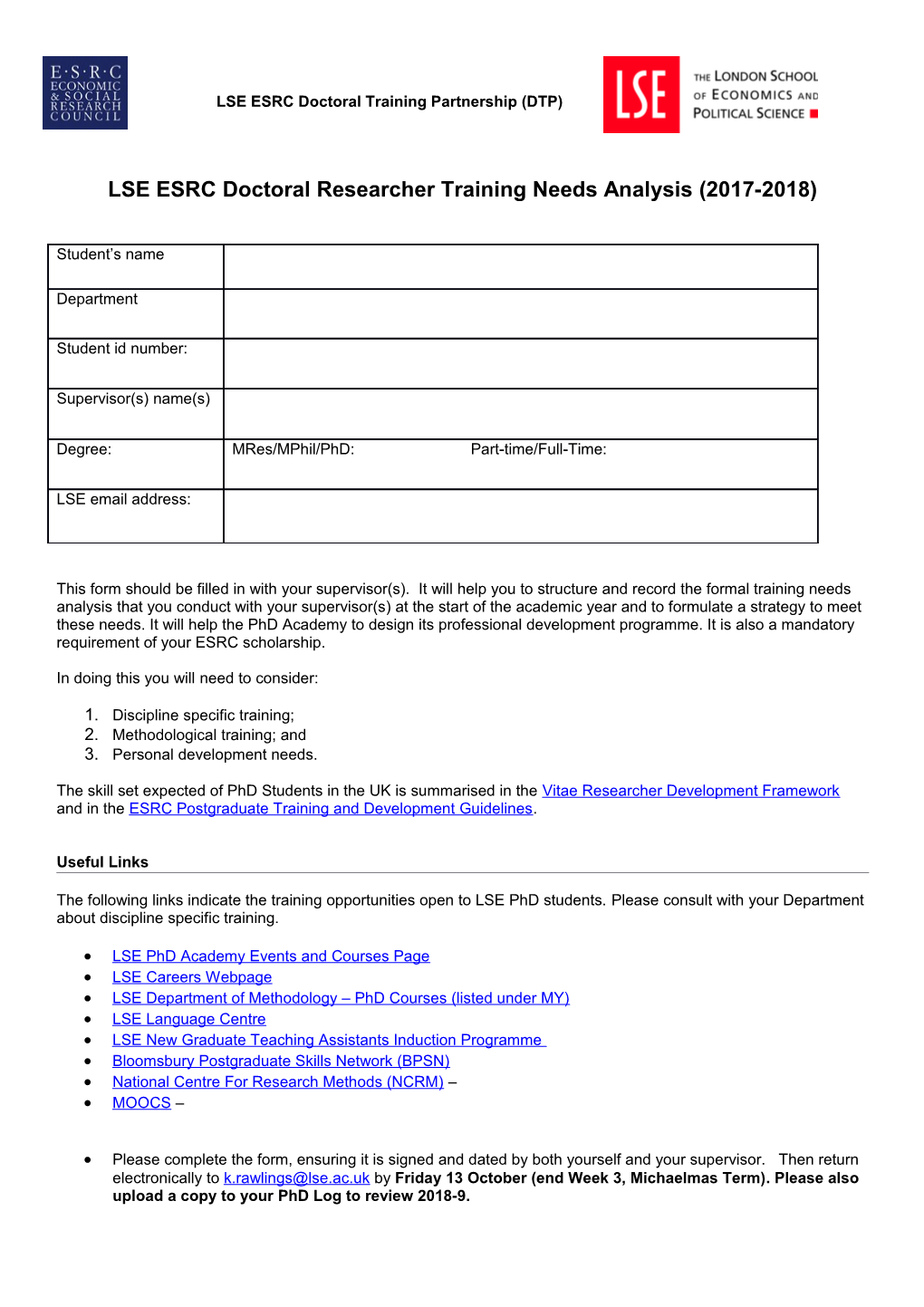 LSE ESRC Doctoral Researchertraining Needs Analysis(2017-2018)