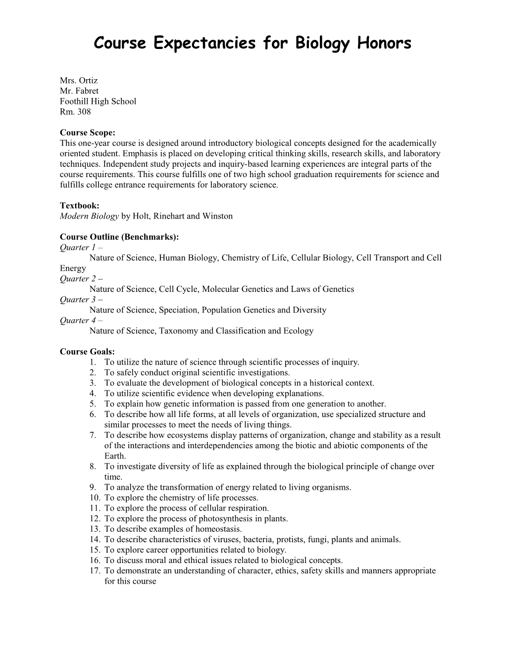 Course Expectancies for Biology Honors