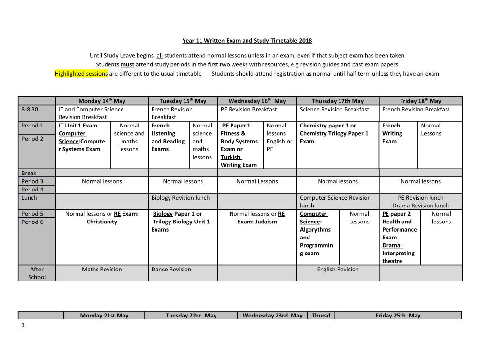 Year 11 Written Exam and Study Timetable 2018