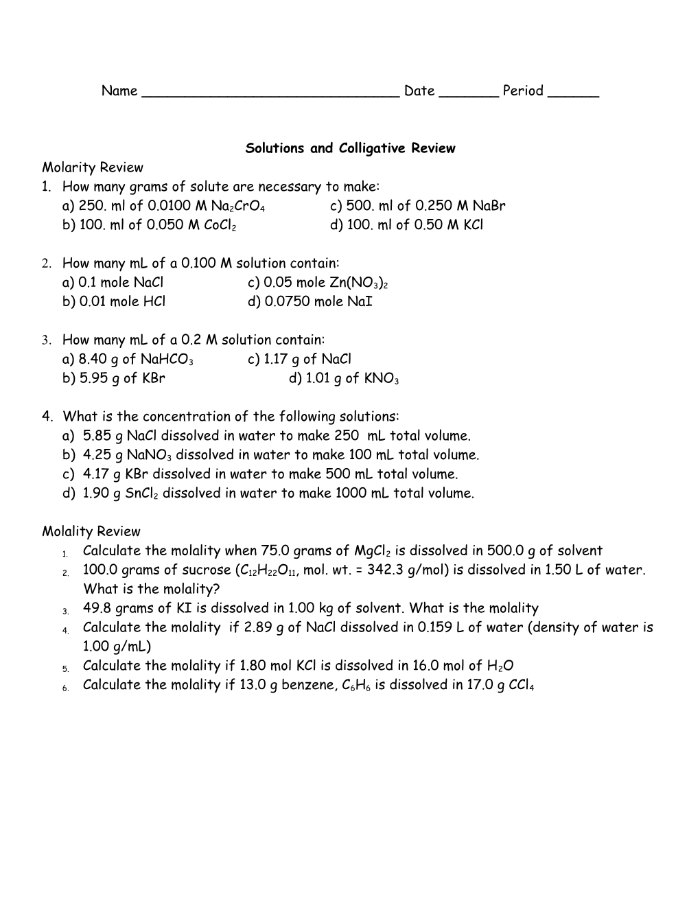 Solutions and Colligative Review
