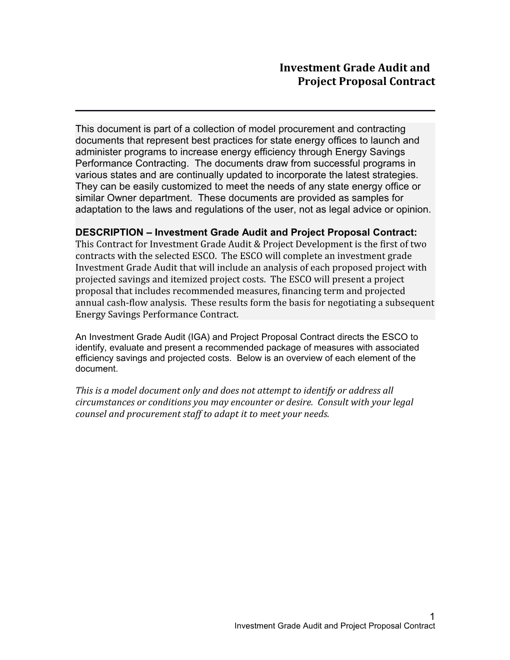 Investment Grade Audit and Project Proposal Contract