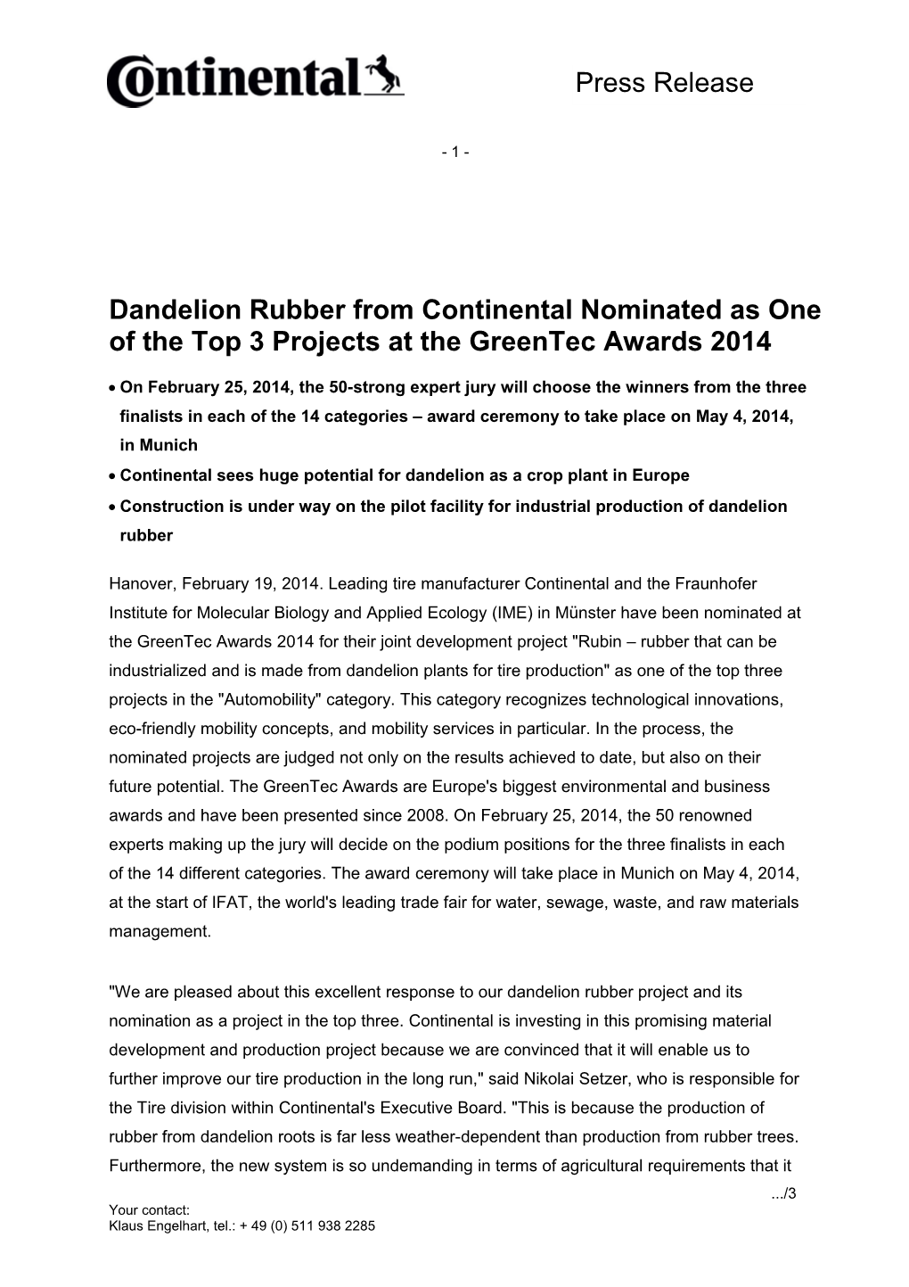 Dandelion Rubber from Continental Nominated As One of the Top 3 Projects at the Greentec