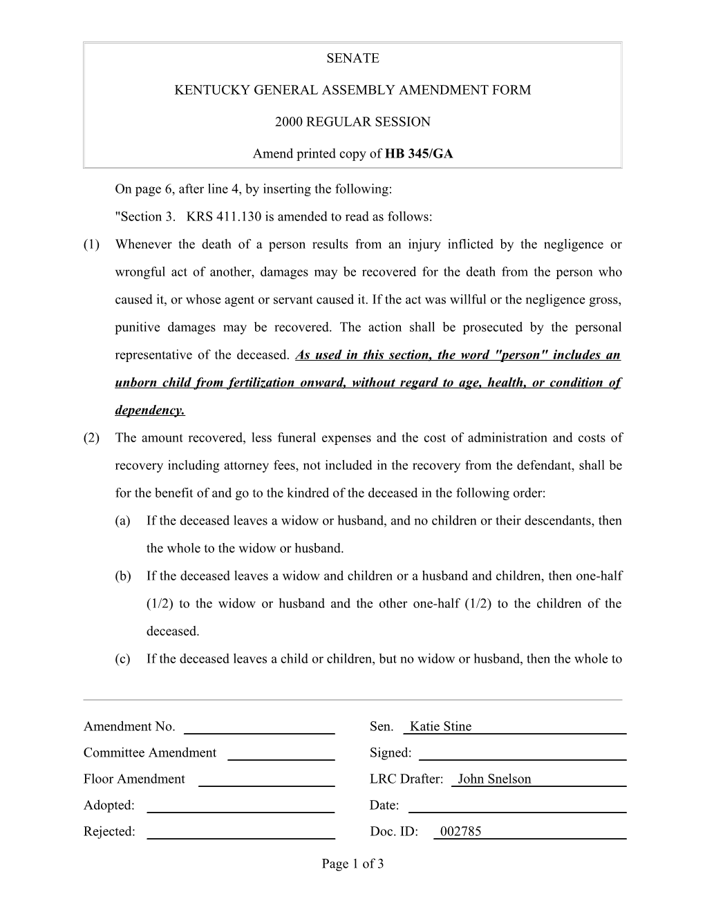 Kentucky General Assembly Amendment Form s13