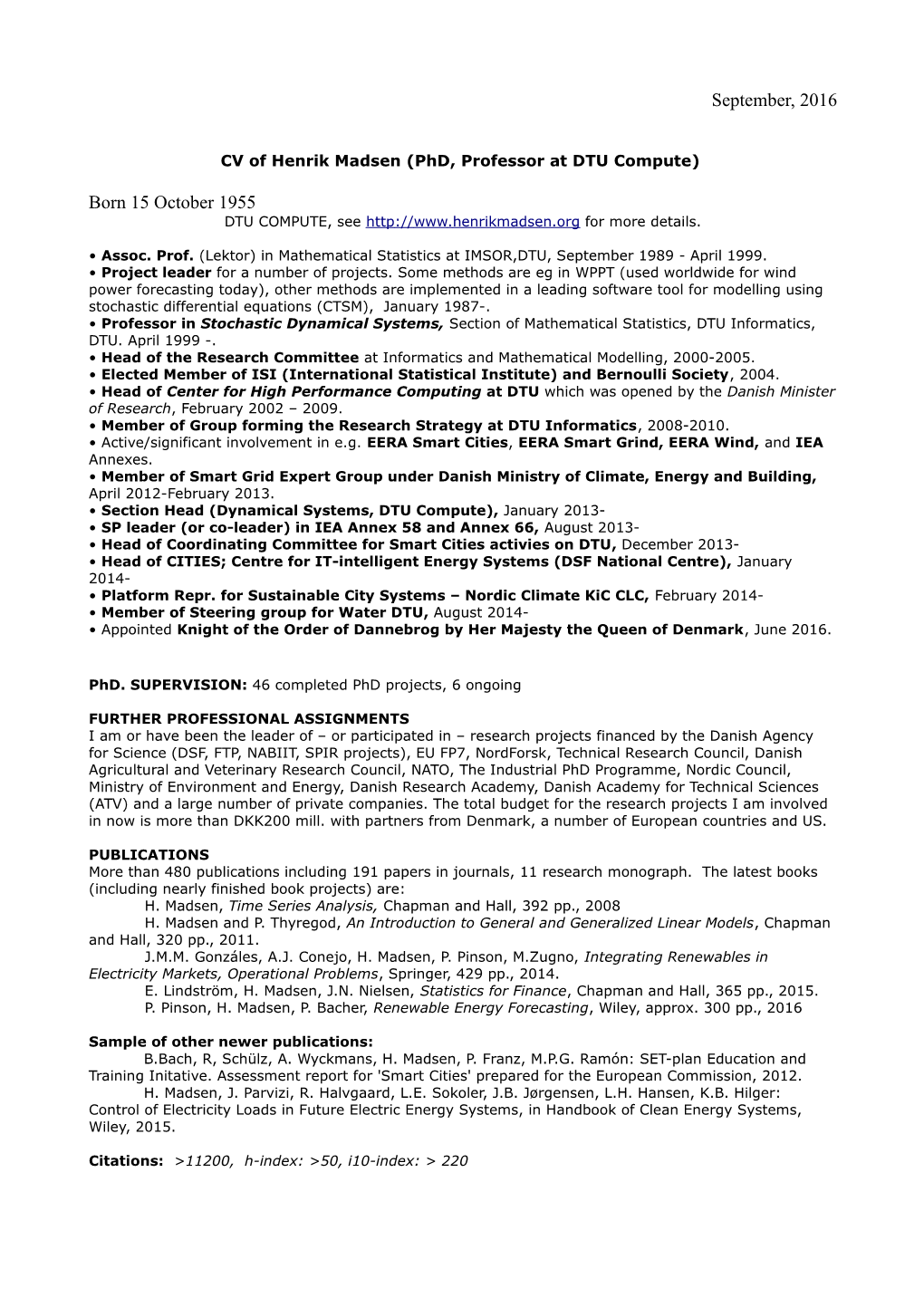 CV of Henrik Madsen (Phd, Professor at DTU Compute)