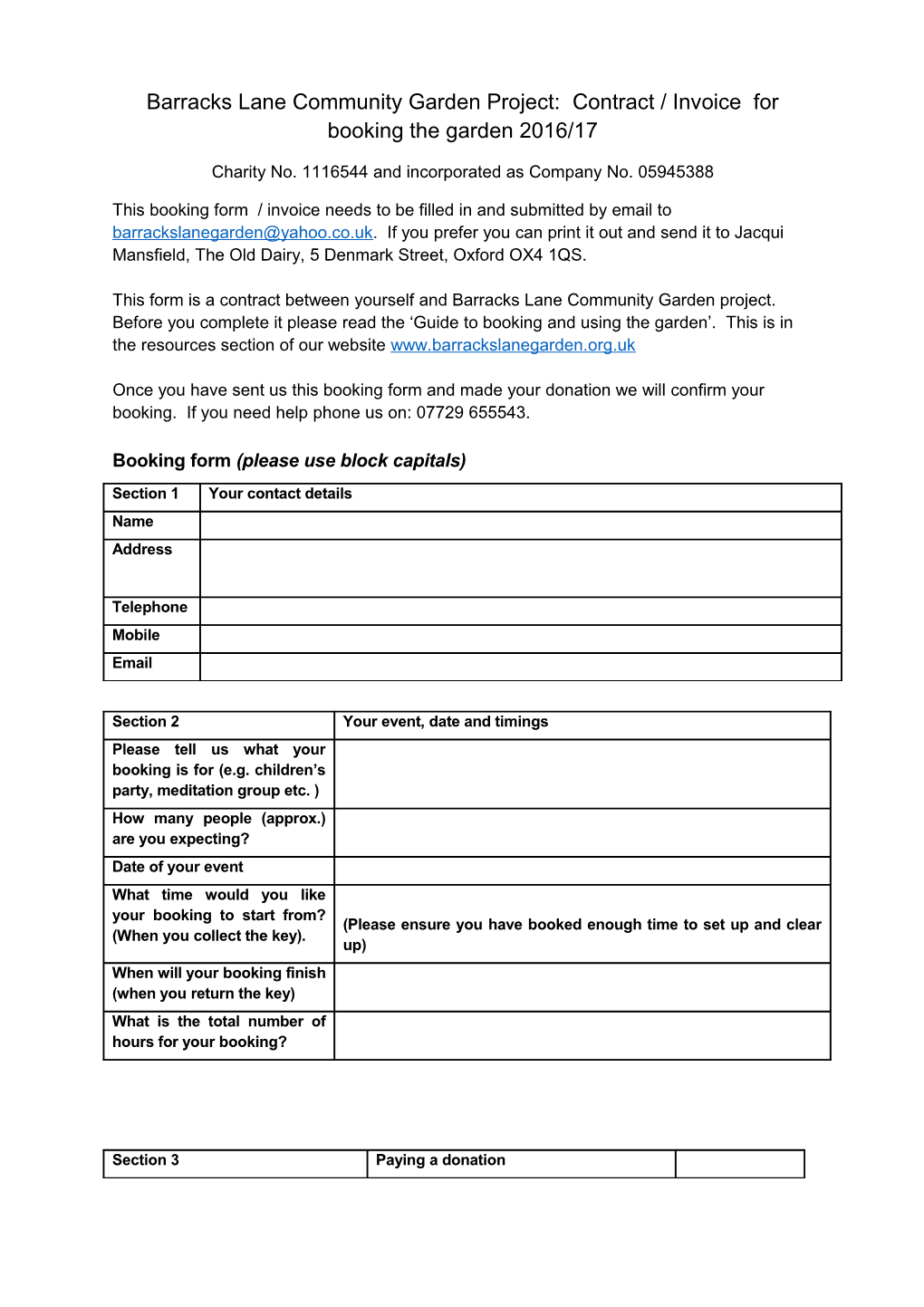 Barracks Lane Community Garden Project: Contract / Invoice for Booking the Garden 2016/17