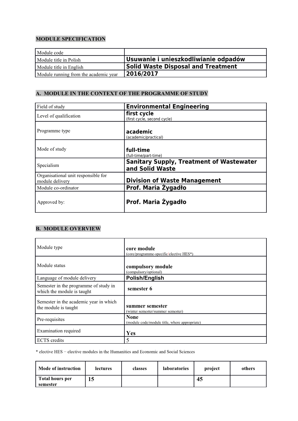 A. Module in the Context of the Programme of Study