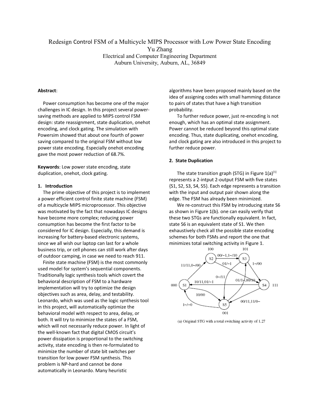 Redesign Control FSM of a Multicycle MIPS Processor with Low Power State Encoding