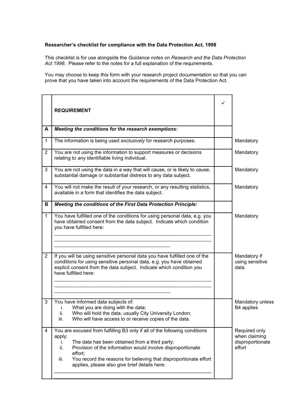 Researcher S Checklist for Compliance with the Data Protection Act, 1998