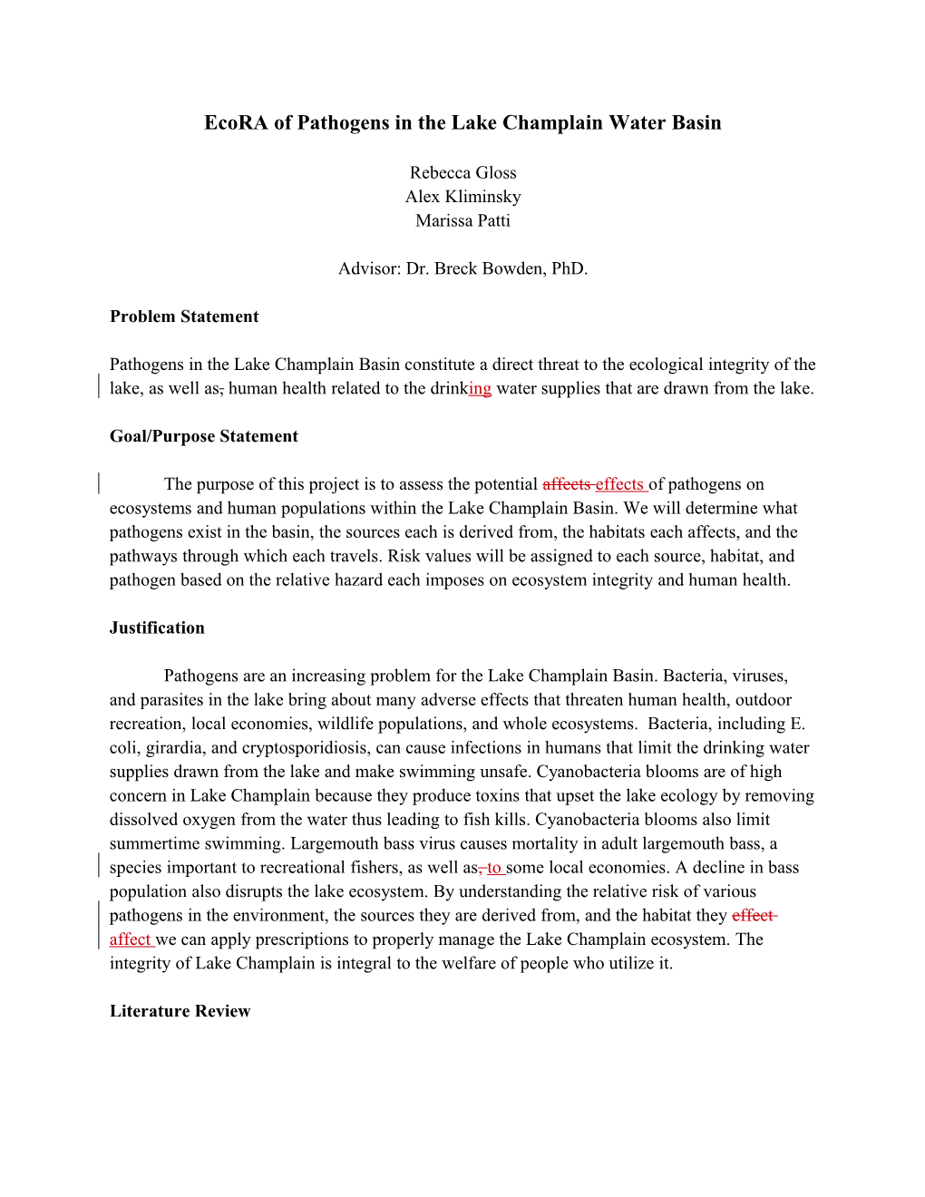 Ecora of Pathogens in the Lake Champlain Water Basin