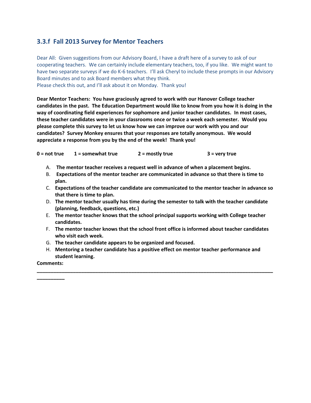 3.3.F Fall 2013 Survey for Mentor Teachers