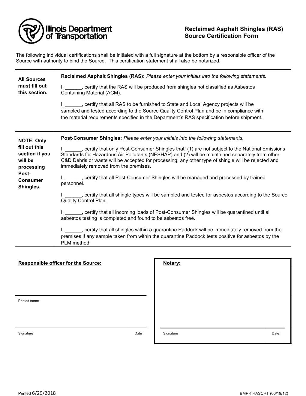 Reclaimed Asphalt Shingles (RAS) Source Certification Form