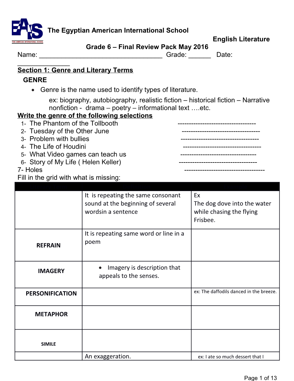 English Literature Grade 6 Final Review Pack May 2016