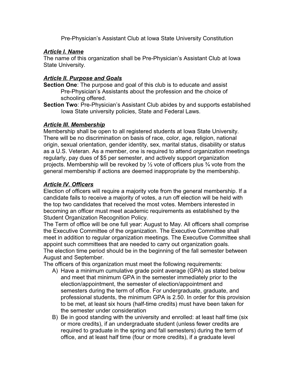 Pre-Physician Assistant Club Constitution