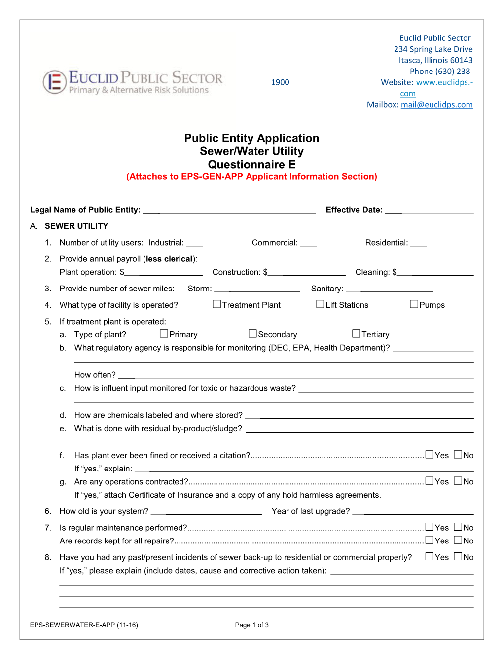 Public Entity Application Sewer/Water Utility Questionnaire E
