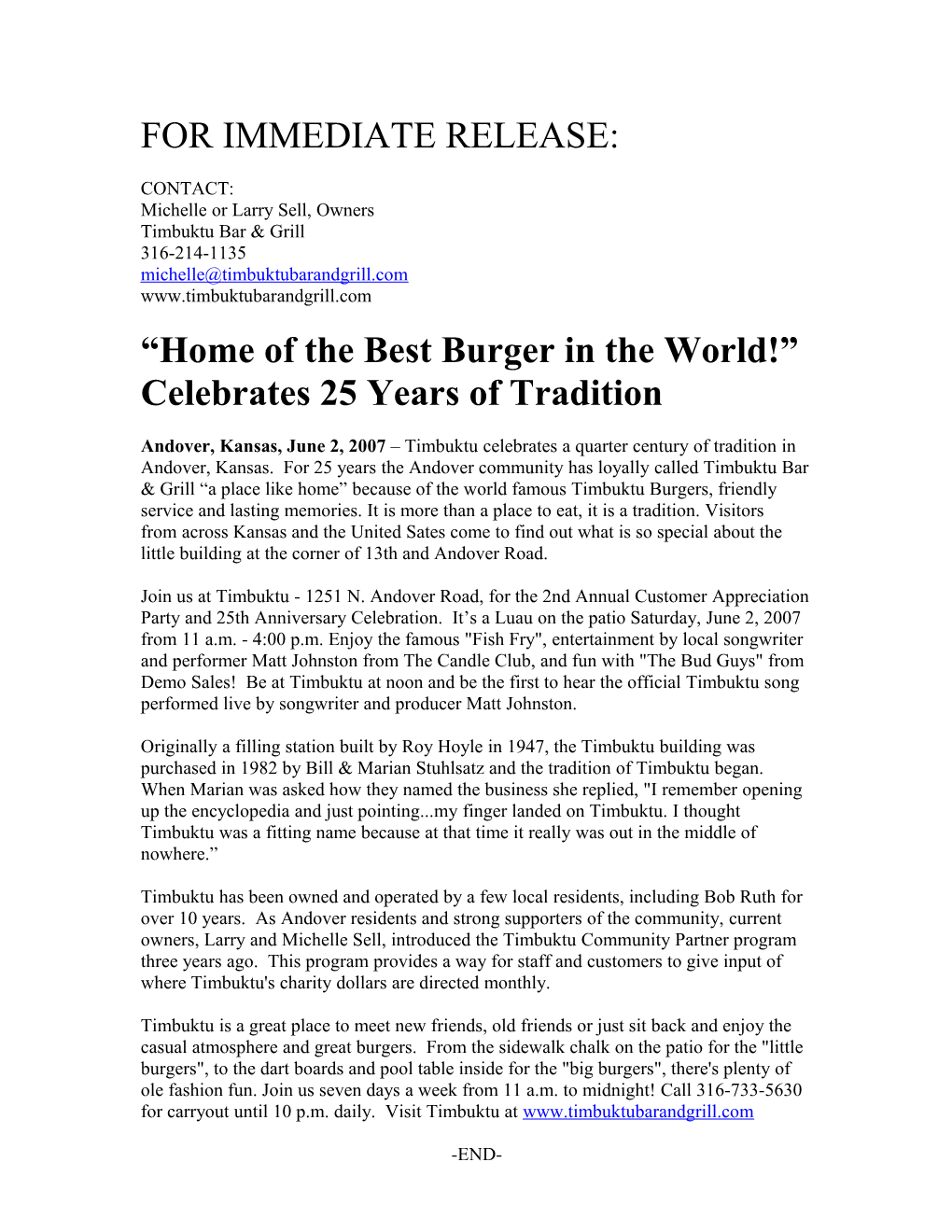 Home of the Best Burger in the World! Celebrates 25 Years of Tradition