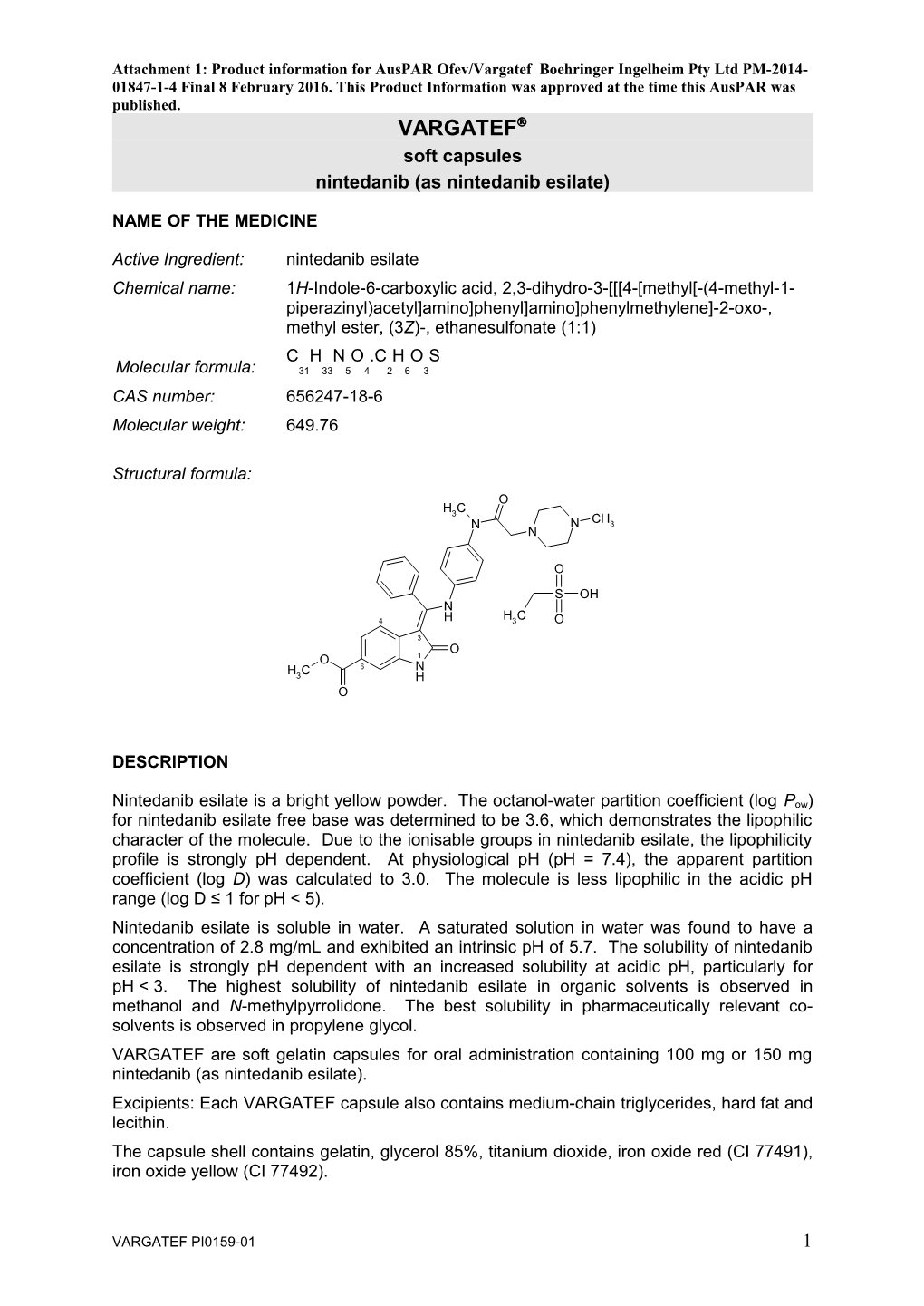 Auspar Attachment 1: Product Information for Nintedanib Esilate