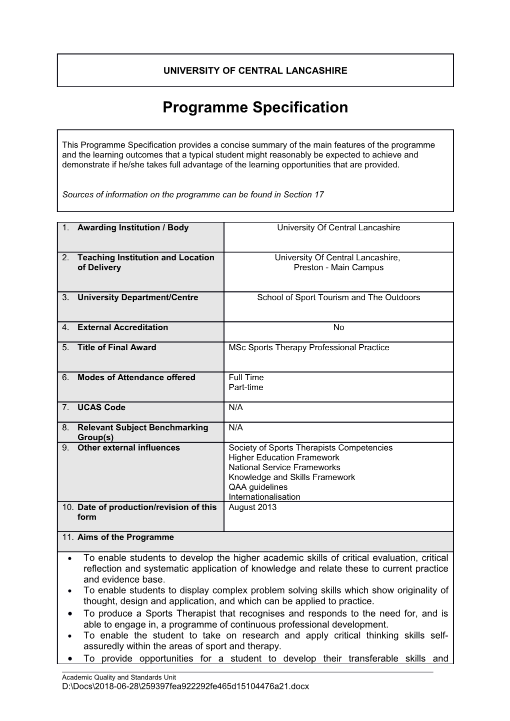 Msc Sports Therapy Professional Practice (Sept 2013)