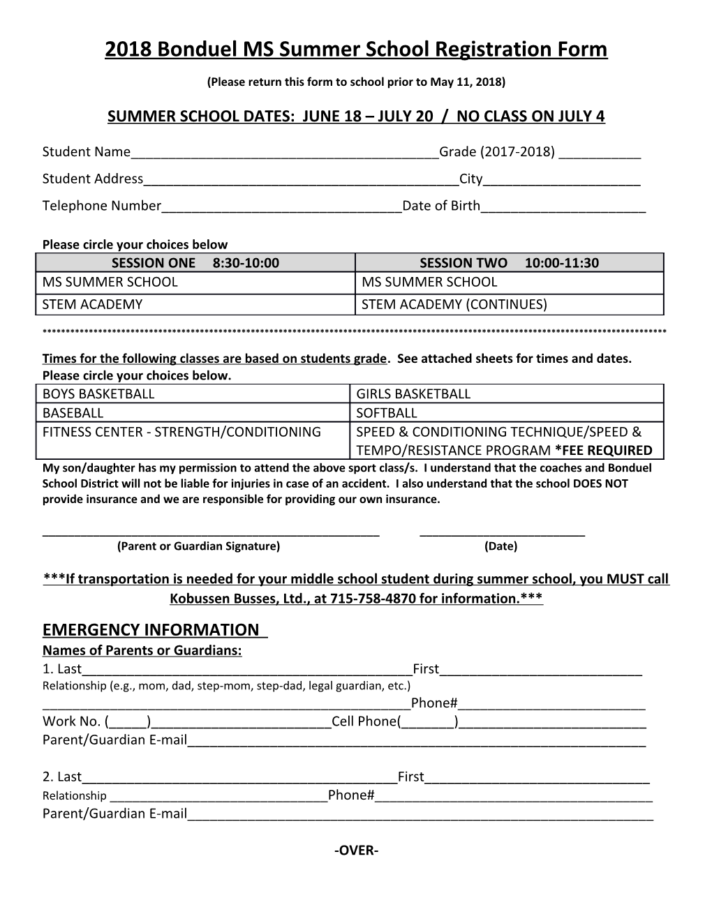2018 Bonduel MS Summer School Registration Form