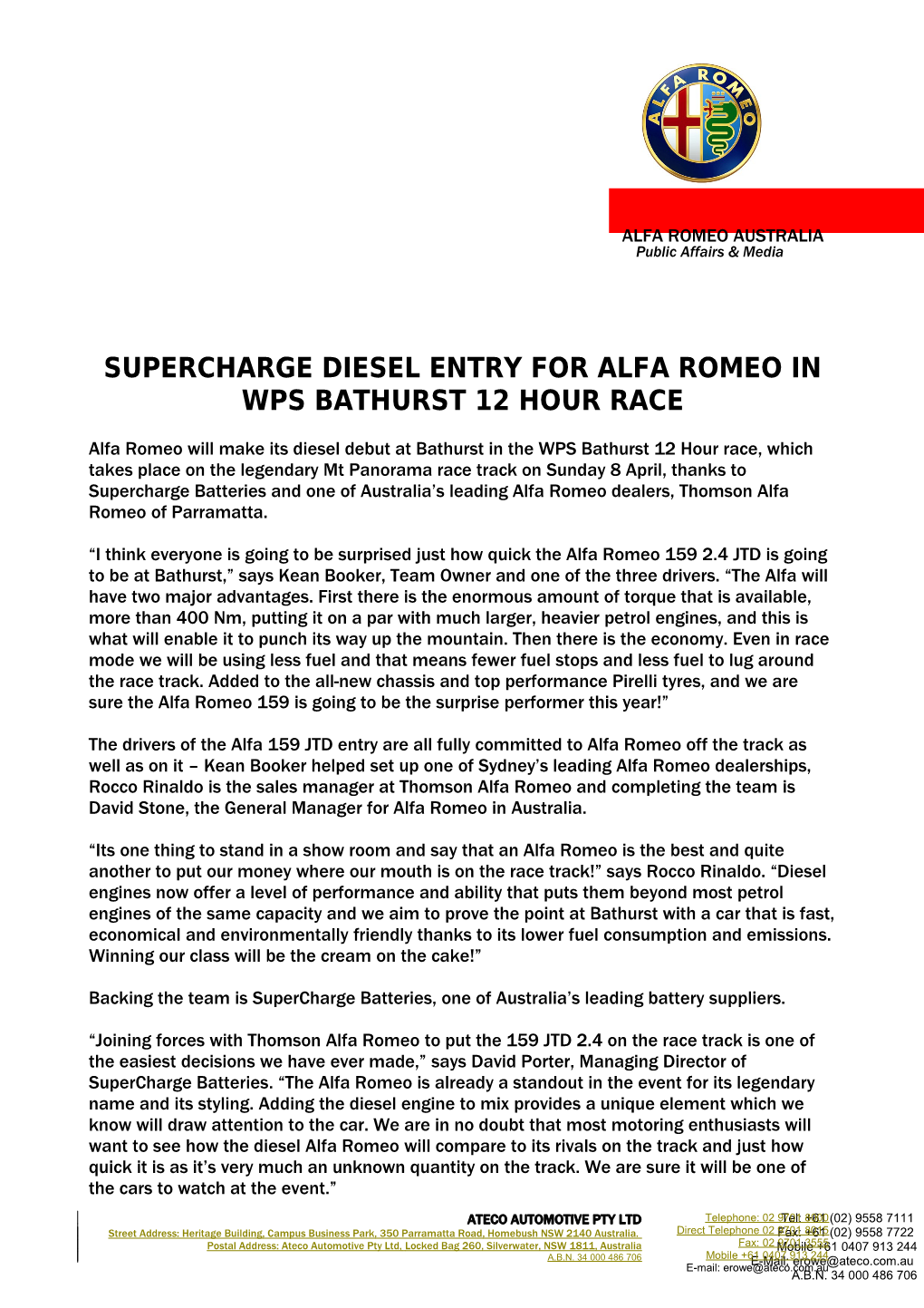 Supercharge Diesel Entry for Alfa Romeo in Wps Bathurst 12 Hour Race