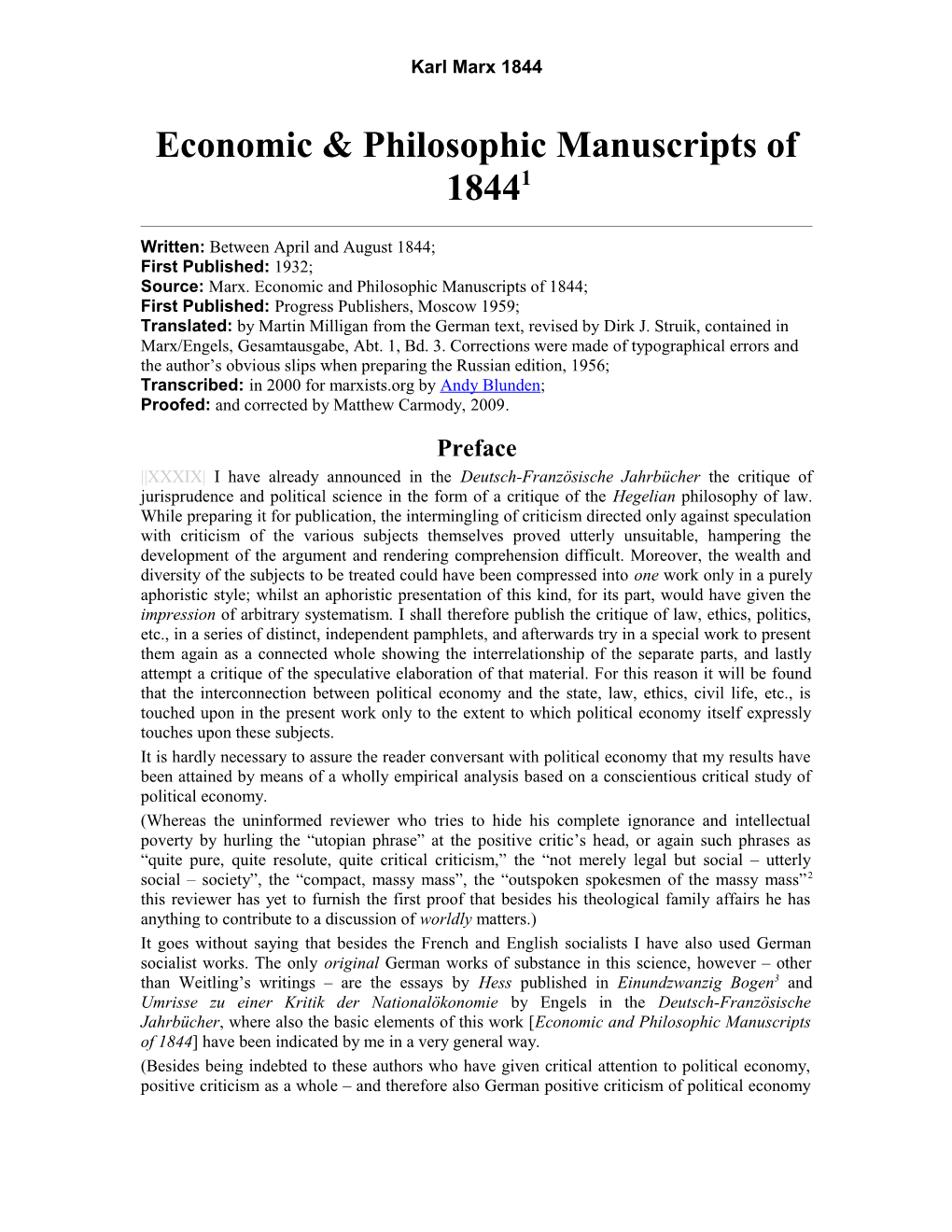 2 Economic and Philosophic Manuscripts of 1844. Preface