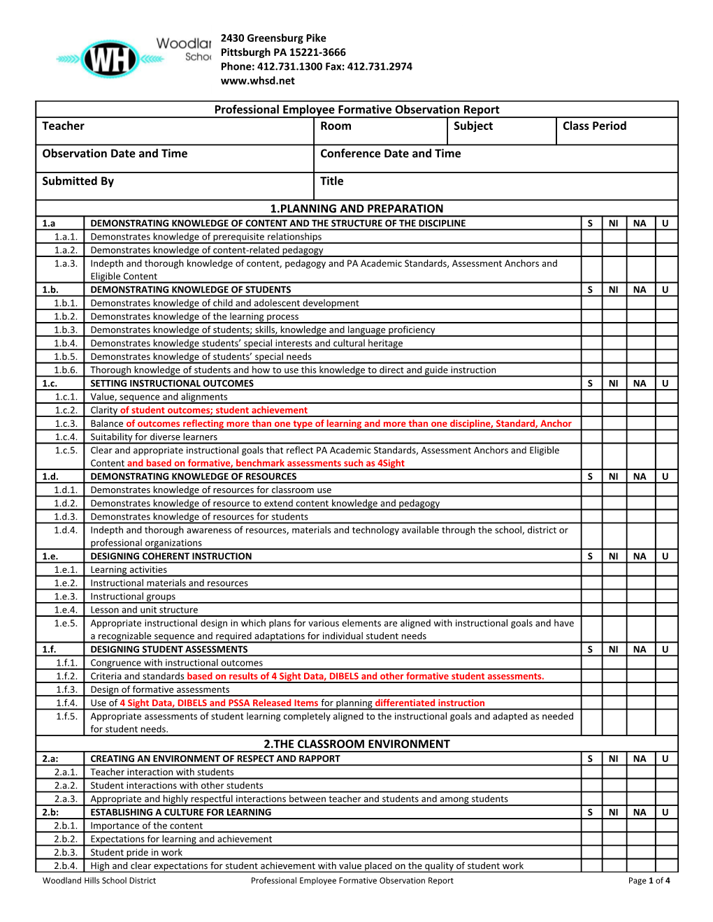 Original to Teacher Copies to Observer, District File