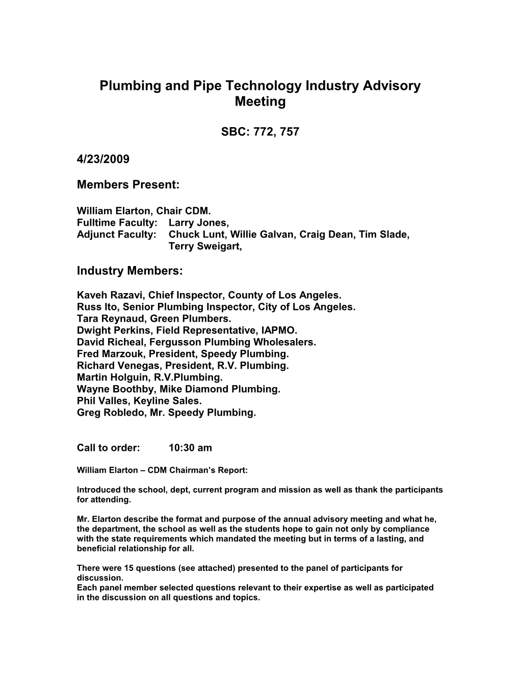 2009 Refrigeration & Air Conditioning Advisory Meeting 4-30-09