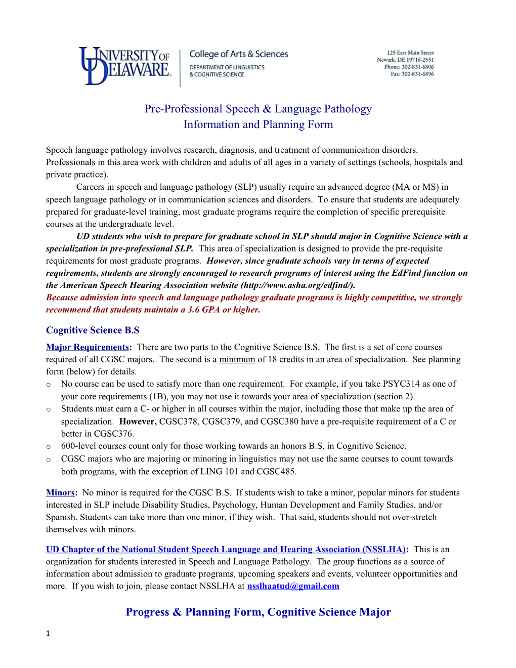 Pre-Professional Speech Language Pathology, Requirements and Planning Form