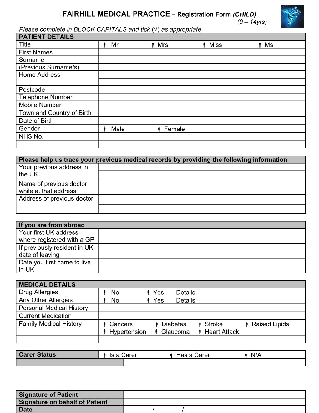FAIRHILL MEDICAL PRACTICE Registration Form