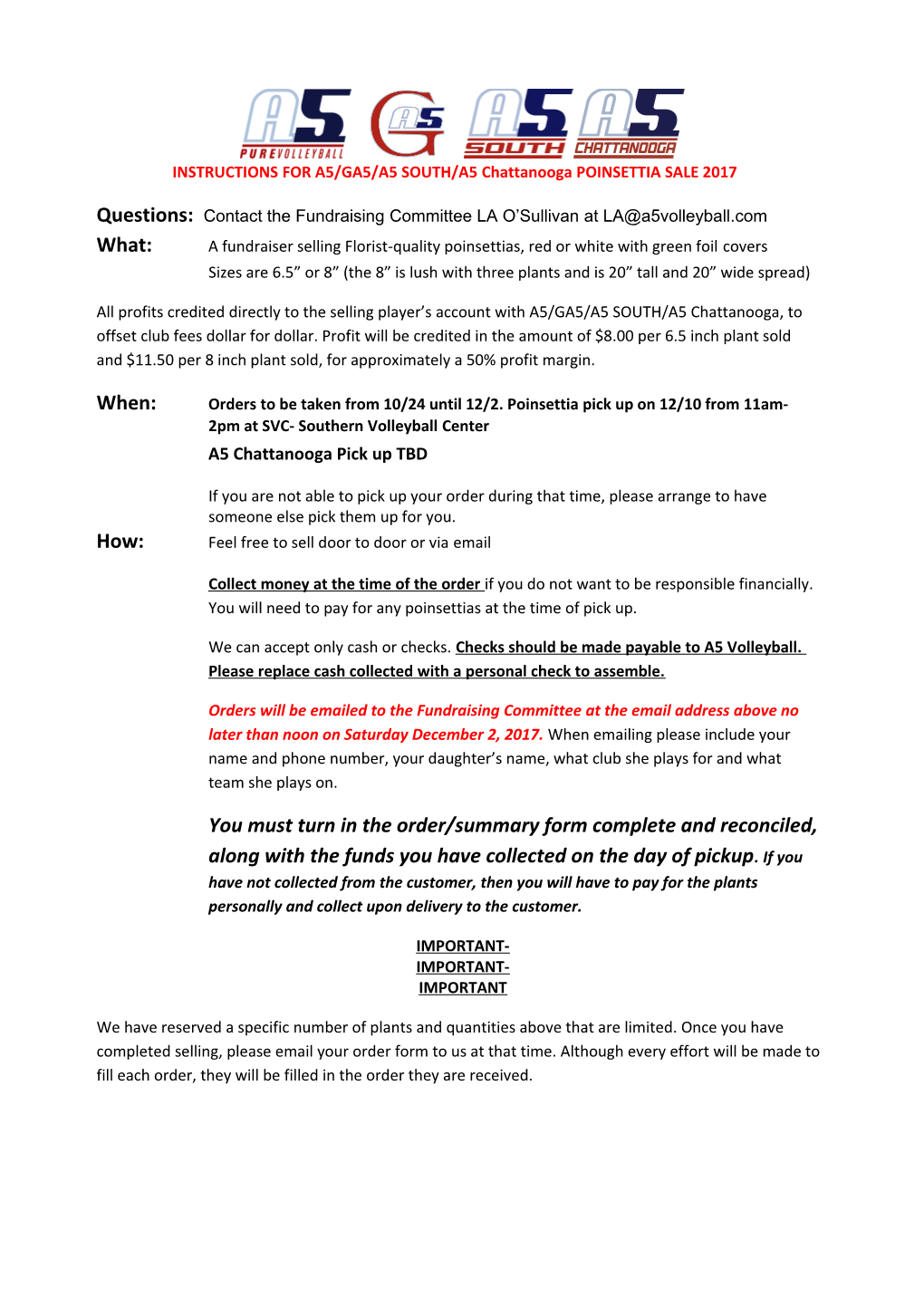 INSTRUCTIONS for A5/GA5/A5 SOUTH/A5 Chattanooga POINSETTIA SALE 2017