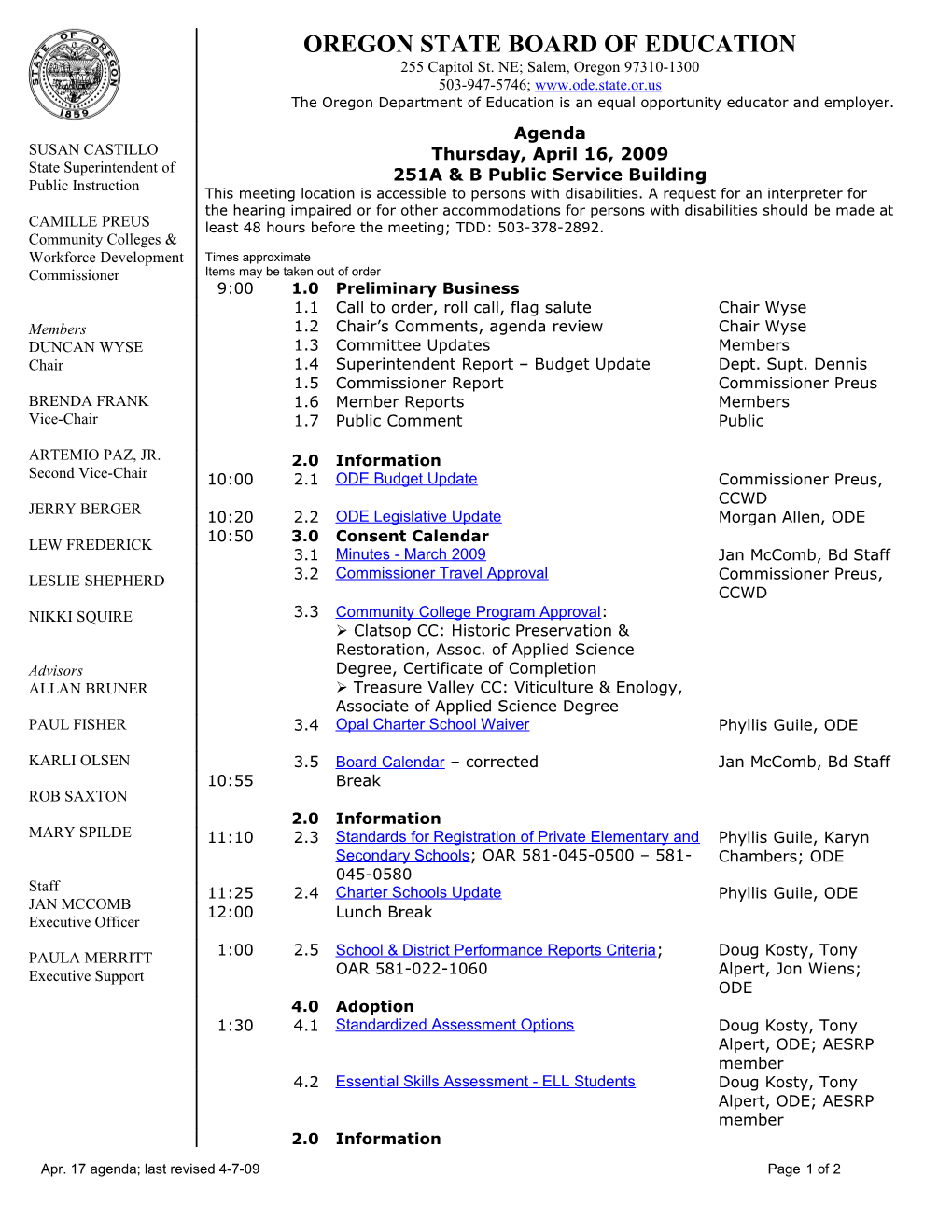 Apr. 17 Agenda; Last Revised 4-7-09 Page 1 of 2