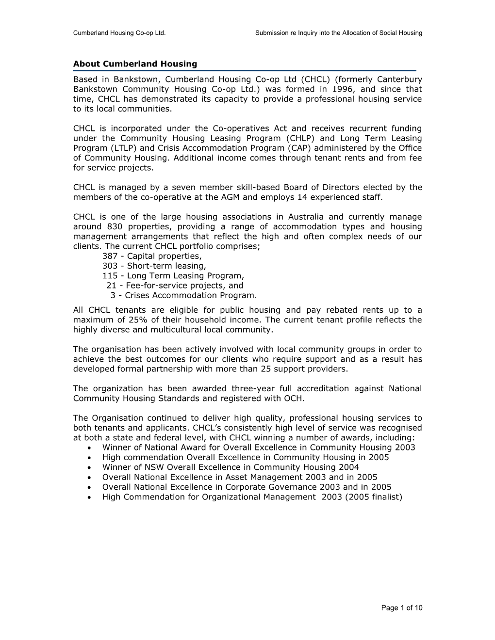 Cumberland Submission Re Inquiry Allocation of Social Housing