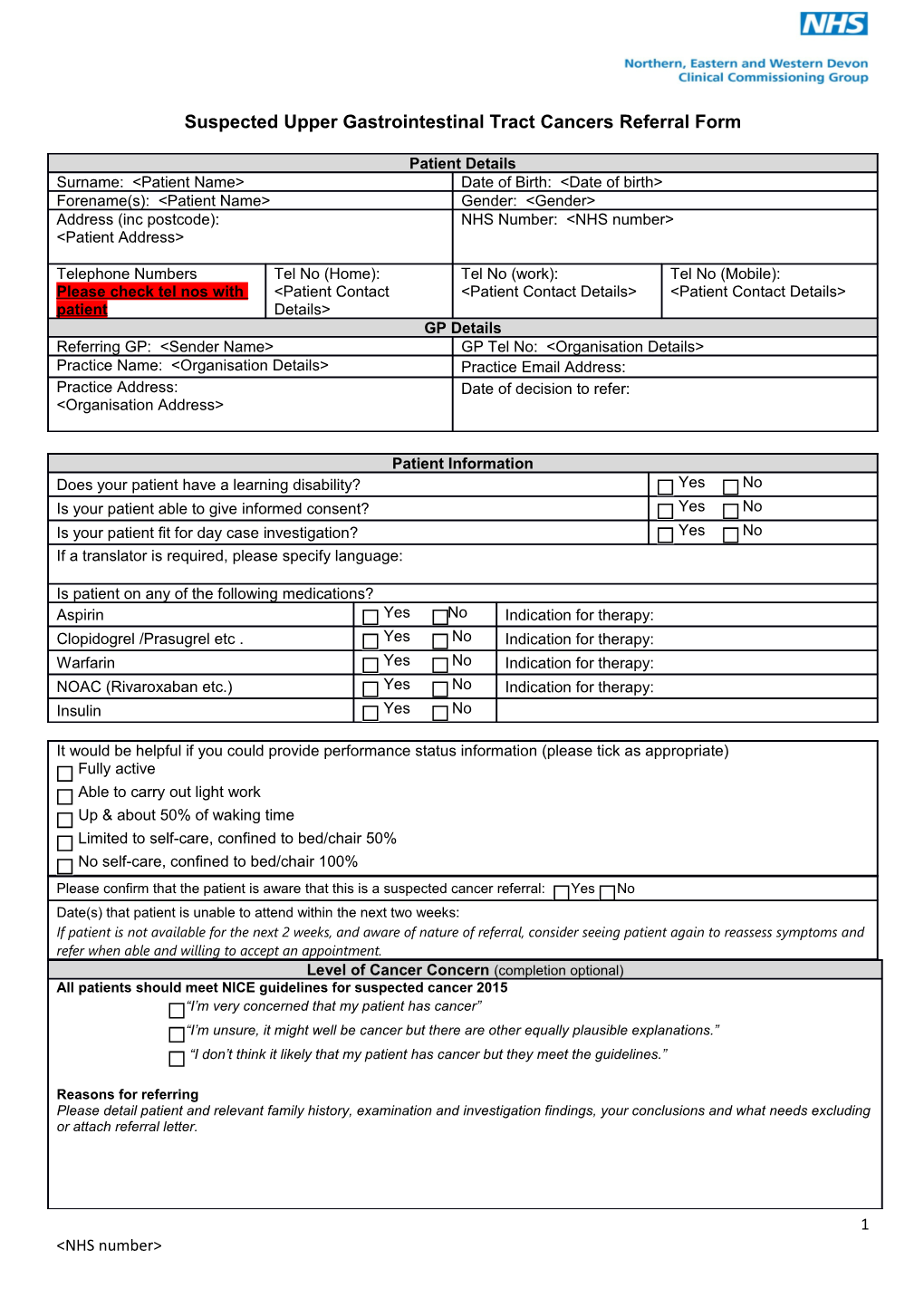 Suspected Upper Gastrointestinal Tract Cancersreferral Form