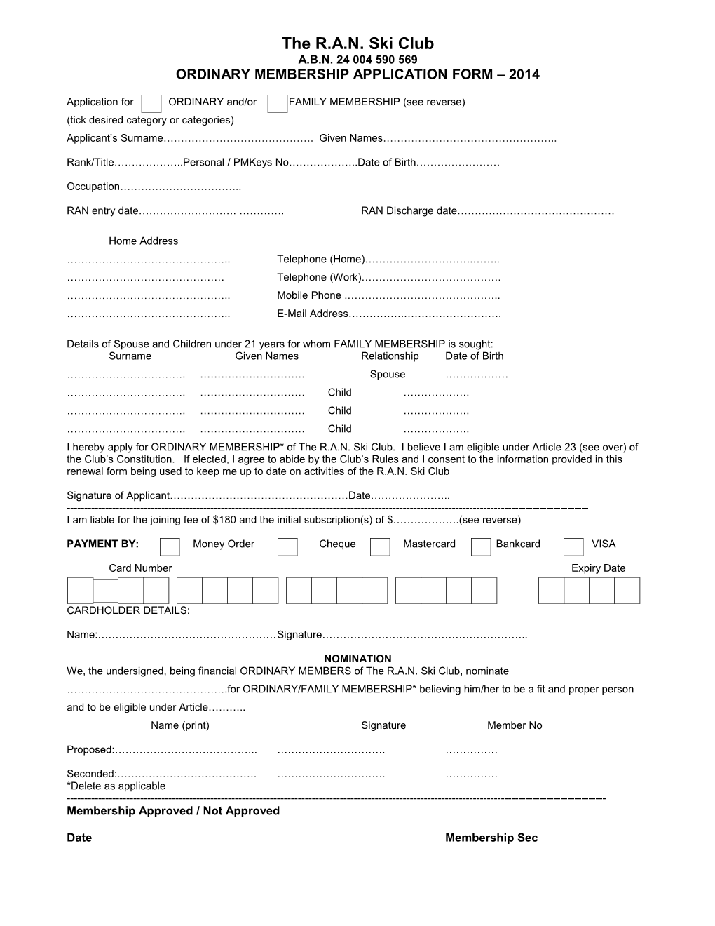 Ordinary Membership Application Form 2014