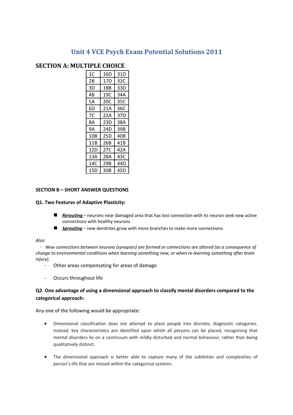 Unit 4 VCE Psych Exam Potential Solutions 2011