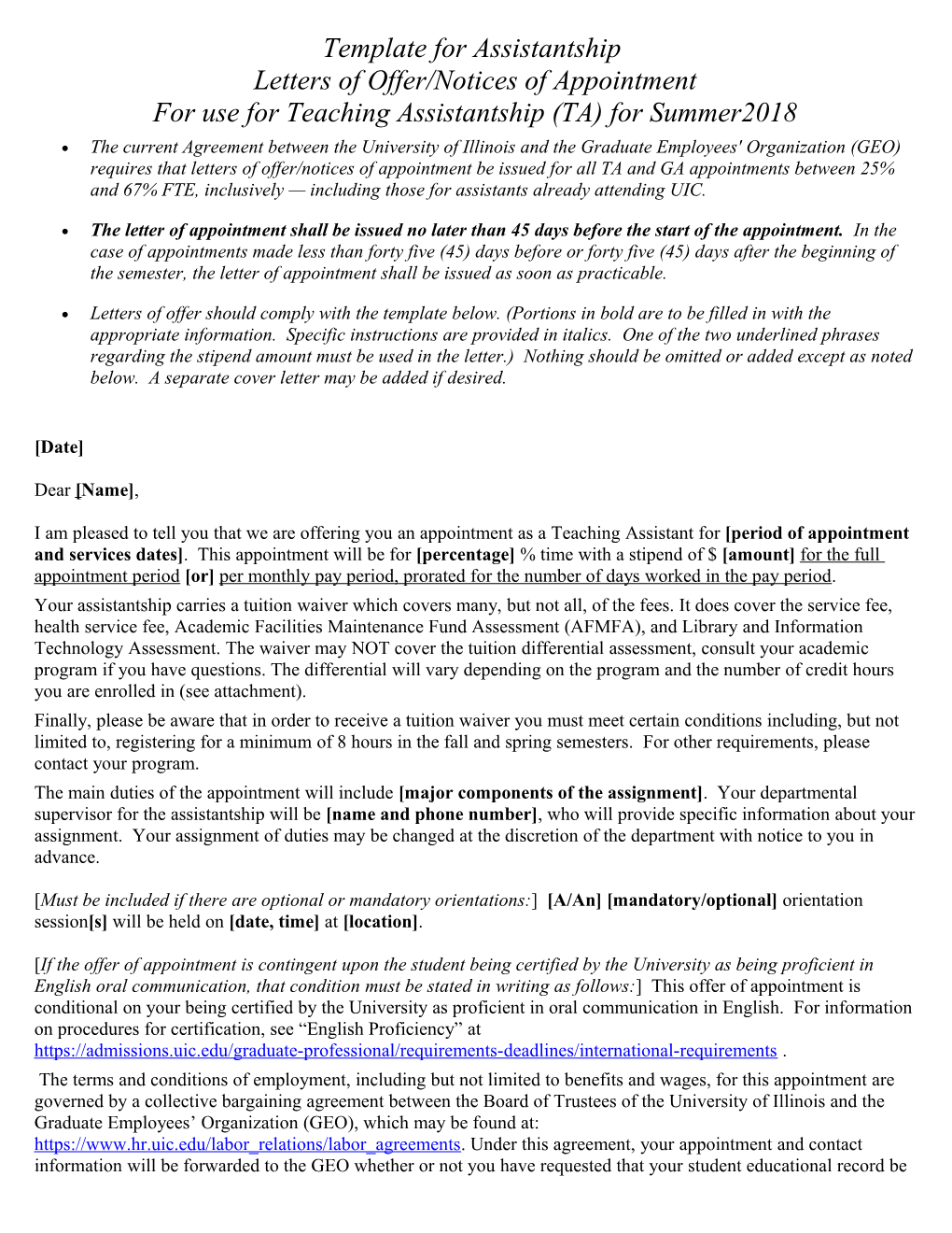 Template for Assistantship Letters of Offer/Notices of Appointment for Use for Teaching